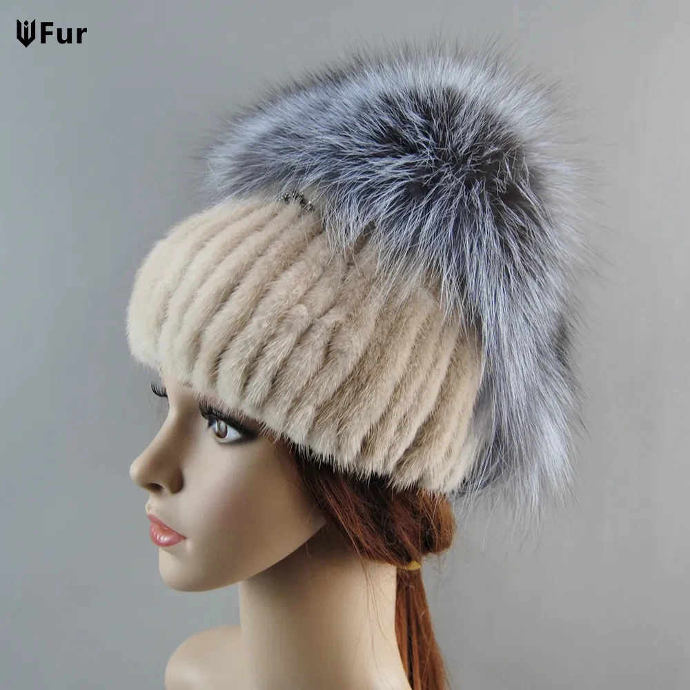 

Hot Sale Real Mink Fur Hat Women Winter Knitted Mink Fur Beanies Cap With Fox Fur Pom Poms Handmade New Thick Female Cap Fur Hat