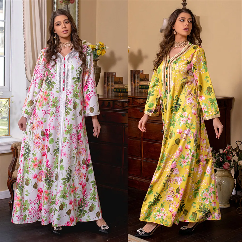 

2024 Spring Floral Print Muslim Abaya Dress Women Diamond Dubai Arab Turkey Morocco Kaftan Islamic Clothing Gown Robe Vestido