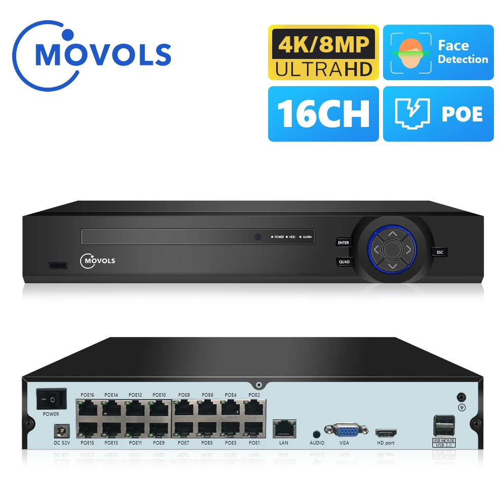 

Movols 16CH 4K POE NVR ONVIF Video Surveillance H.265 Security Recorder 4K 5MP 4MP 3MP 1080P Face Detection NVR For IP Camera