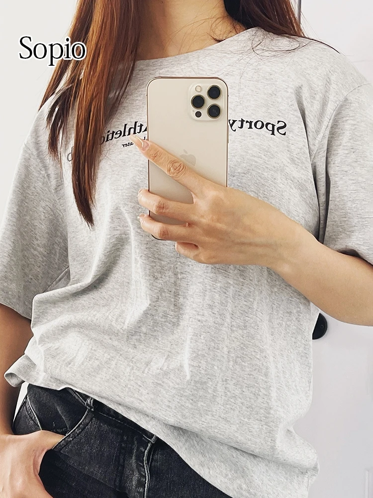 Серая женская футболка с буквенным принтом, летняя повседневная спортивная футболка с круглым вырезом, хлопковые Модные свободные топы с коротким рукавом для женщин, 2024 
Серая женская футболка с буквенным принтом, летняя повседневная спортивная футболка с круглым вырезом, хлопковые Модные свободные топы с коротким рукавом для женщин, 2024