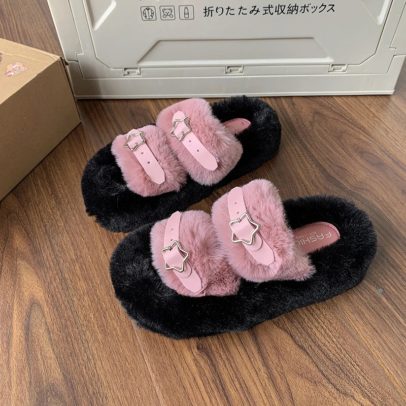 

Woman Real Rabbit Fur Platform Plush Fluffy Furry Slippers Ladies Winter Warm Cute Soft Home Fuzzy Indoor House Bridal Slipper