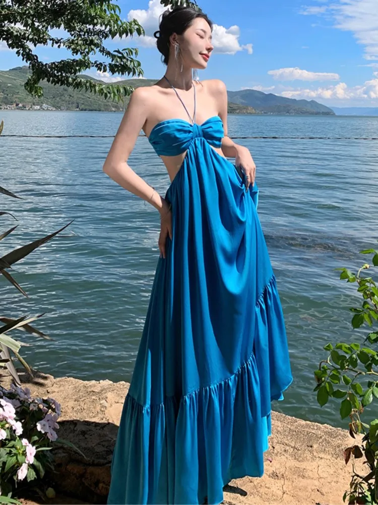 Summer Sexy Backless Beach Long Dresses Women's Fashion Blue Halter A-line Party Sundress Elegant Pleated Runway Robe Mujers
Summer Sexy Backless Beach Long Dresses Women's Fashion Blue Halter A-line Party Sundress Elegant Pleated Runway Robe Mujers