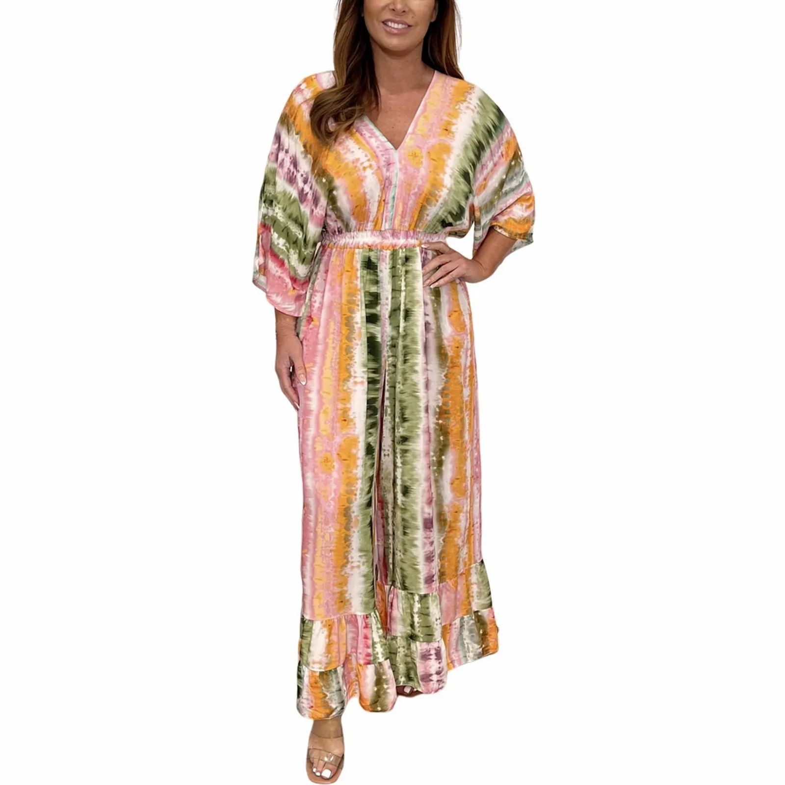 

Женское винтажное платье макси, свободное Плиссированное длинное платье составного кроя с принтом, V-образным вырезом и длинными рукавами-фонариками, весна 2024