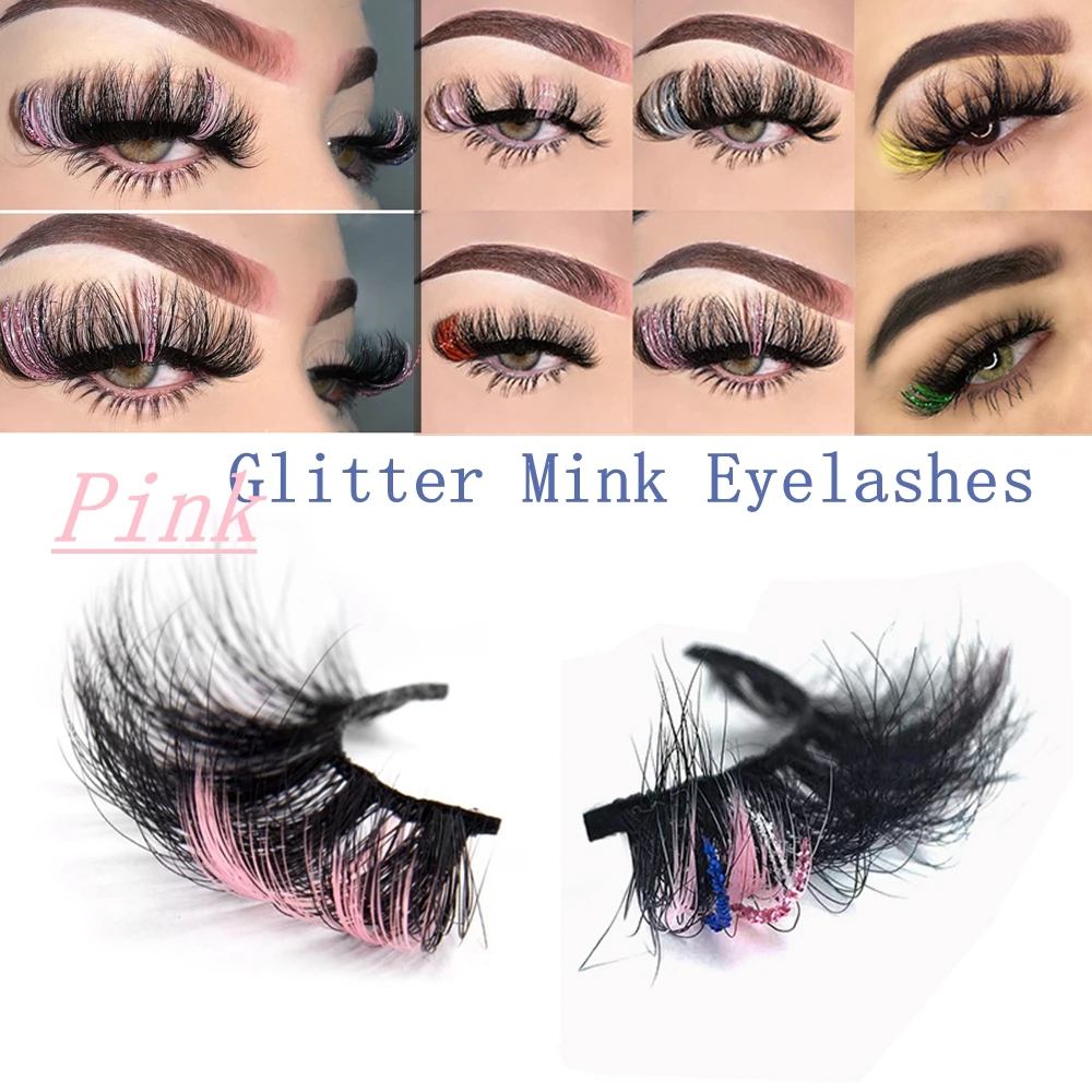 

25mm Colored False Lashes Glitter Mink Eyelashes Extension Supplies 5D Pink Blue Fluffy Cruelty Free Lash Wholesale Bulk Makeup