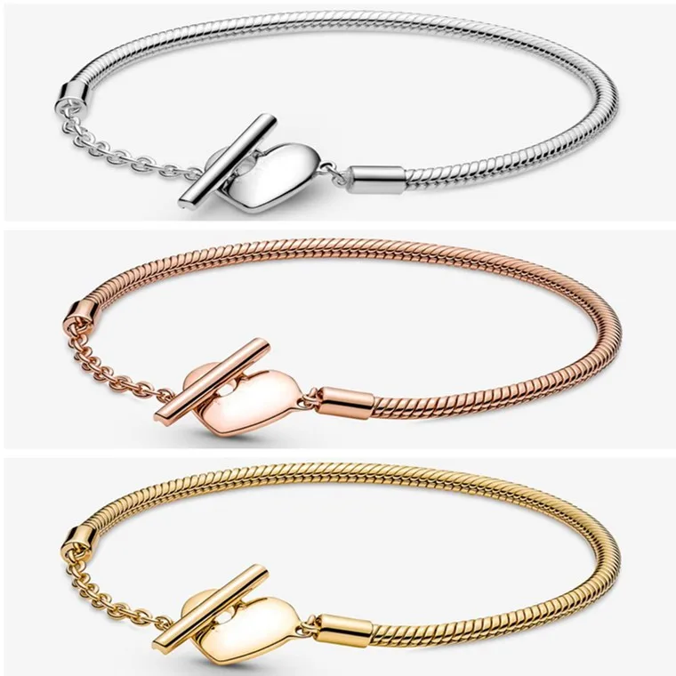 Authentic 925 Sterling Silver Moments Rose Gold Heart T-bar Snake Chain Bracelet Bangle Fit Bead Charm Diy Fashion Jewelry
Authentic 925 Sterling Silver Moments Rose Gold Heart T-bar Snake Chain Bracelet Bangle Fit Bead Charm Diy Fashion Jewelry