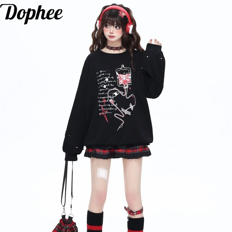 

Dophee Original Dark 2-D Subcultural Gothic O-neck Pullover Top Loose Long Sleeve Students Sweatshirt Y2k Autumn Casual Hoodies
