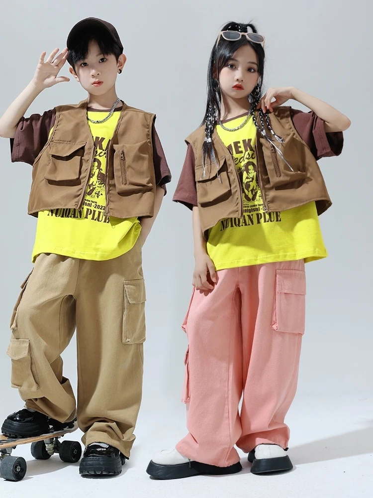 

2024 Kids Clothing Khaki Vest Loose Pants Streetwear Girls Jazz Dance Costumes Boys Ballroom Hip Hop Dance Rave Clothes DQS15847