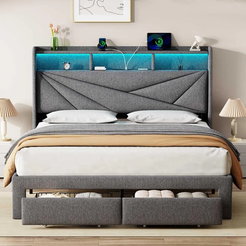 LED Queen Bed Frame with 2 Storage Drawers, Upholstered Bed Frame Queen Size with Headboard and Charging Station
LED Queen Bed Frame with 2 Storage Drawers, Upholstered Bed Frame Queen Size with Headboard and Charging Station
