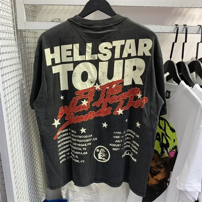 

2024ss, футболка оверсайз с принтом логотипа HELLSTAR для мужчин и женщин, 1:1, высококачественные черные футболки с эффектом потертости