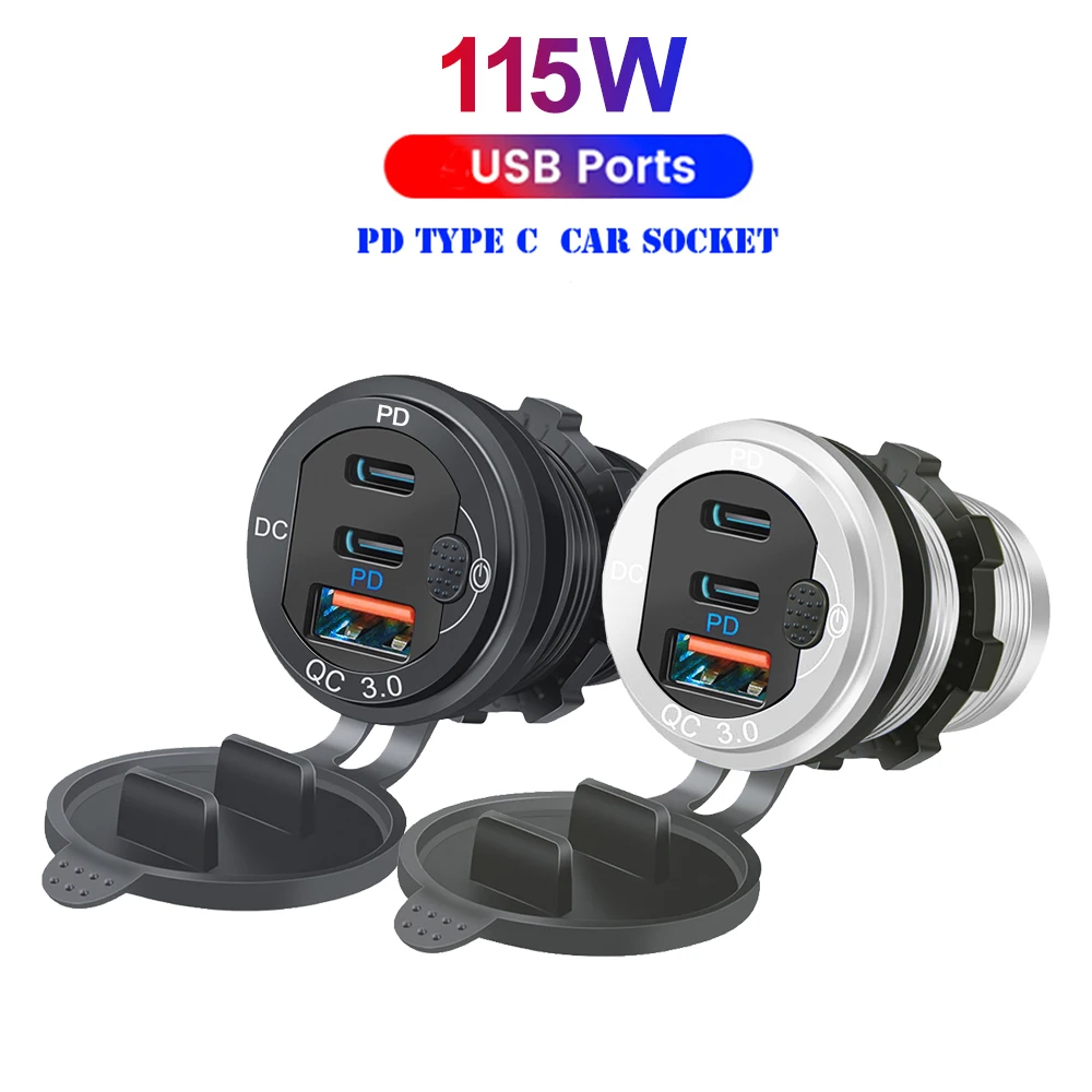 

12V/24V USB Car Charger Socket PD3.0 & QC3.0 Type-c Ports Waterproof with LED Touch Switch 115W Fast Charging Car Moto Adapter