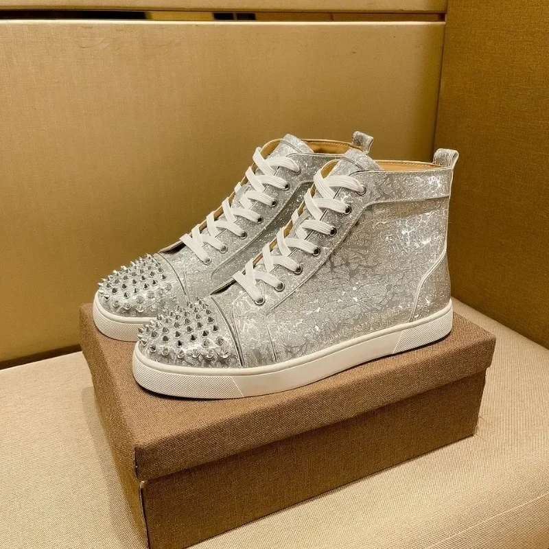 

Luxury Men's Designer Spikes leather laser white diamond high-top men and women couples casual high-top shoes