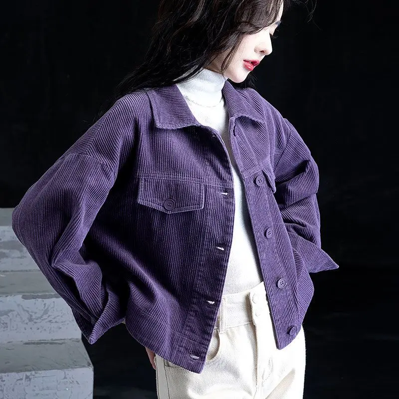 

Модные вельветовые куртки с лацканами на пуговицах и карманами, женская одежда 2023, осенне-зимние Свободные корейские топы, однотонные повседневные пальто