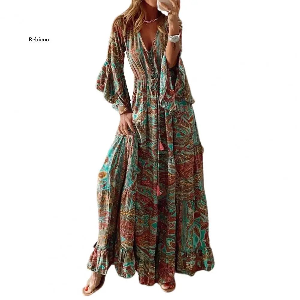 Bono Retro Spring Women V-Neck Floral Print Dress Three Quarter Sleeve Ladies Party Long Dress Sundress Robe for Beach Party
Bono Retro Spring Women V-Neck Floral Print Dress Three Quarter Sleeve Ladies Party Long Dress Sundress Robe for Beach Party