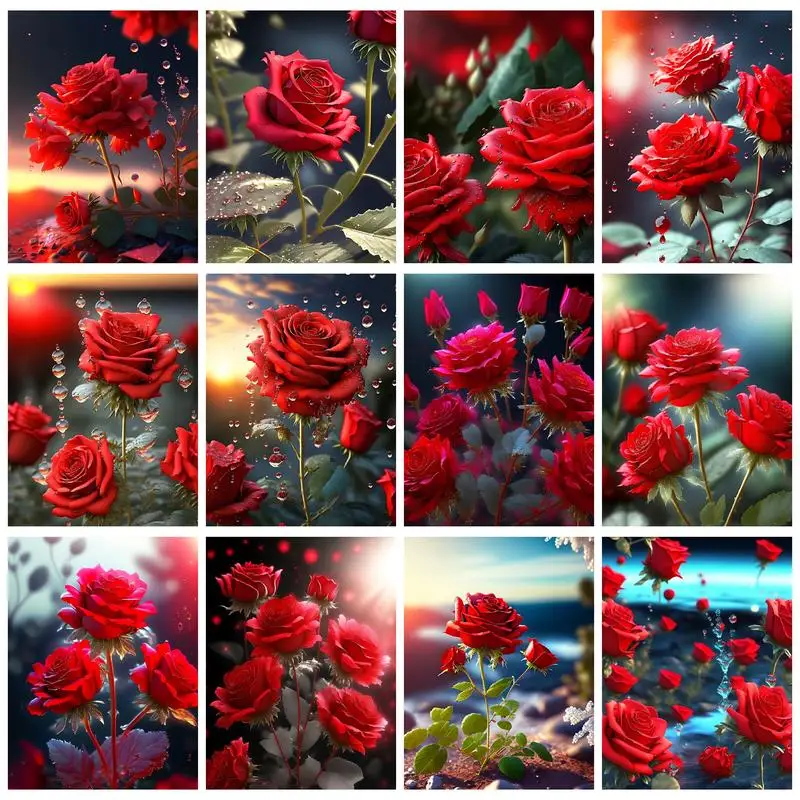 

CHENISTORY Oil Painting By Numbers On Canvas Red Rose Picture Coloring For Adults Home Decors Artwork Acrylic Paints