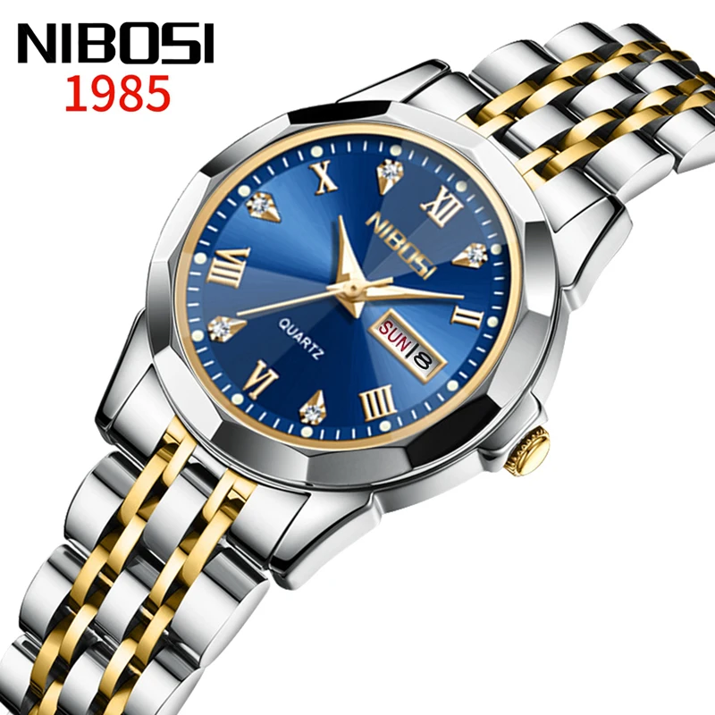 

NIBOSI Brand Luxury Women Quartz Watch Stainless Steel Waterproof Luminous Week Date Womens Dress Wristwatch Relogio Feminino