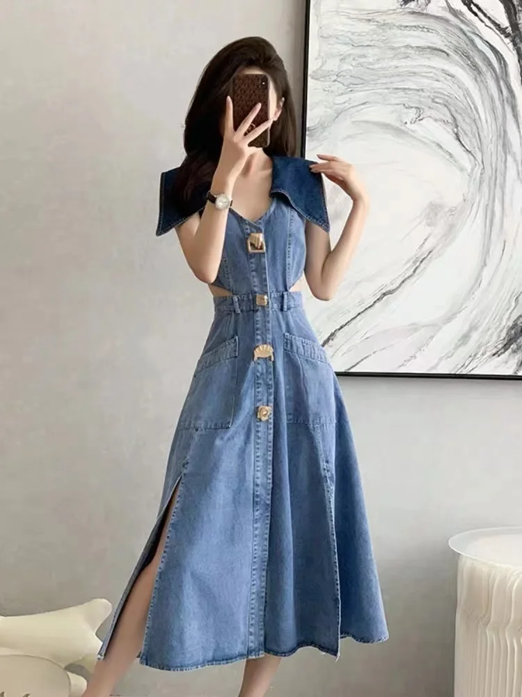 Contrasting Color Collar And Sleeveless Denim Dress Revealing Waist Summer Elegant Dresses For Women Long Dress Women's Dress
Contrasting Color Collar And Sleeveless Denim Dress Revealing Waist Summer Elegant Dresses For Women Long Dress Women's Dress