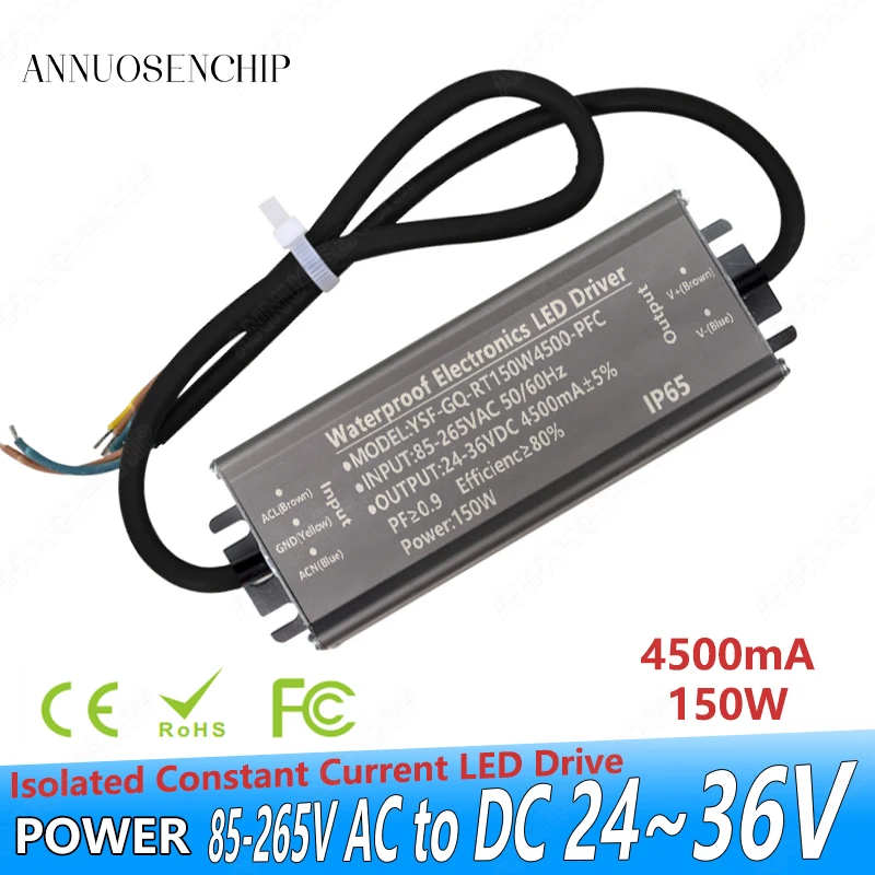 

4500mA Constant Current LED Drive Power Supply Converter AC 85-265V to 24-36V DC Lighting Transformer Aluminum IP65 Waterproof