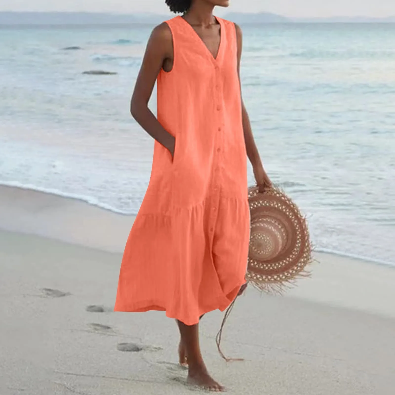 Sleeveless Solid Color Beach Dresses Casual Button V-Neck Mid-Calf Dress Pocket Boho Summer Dress Robe Femmes
Sleeveless Solid Color Beach Dresses Casual Button V-Neck Mid-Calf Dress Pocket Boho Summer Dress Robe Femmes