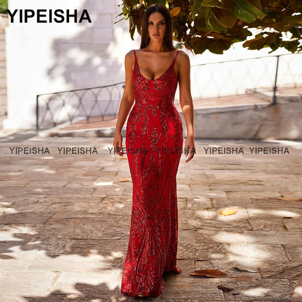 

Yipeisha Plunging Neckline Lace Mermaid Prom Dresses Backless Evening Gown Custom Made Red Pageant Dress Vestido de Festa Longo