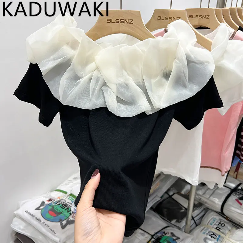Gauze Mesh Spliced Top Simple Elegant Women Shirt Short Sleeve Lace Up Slash Neck Shirts 2023 Japanese 2023 Spring Summer
Gauze Mesh Spliced Top Simple Elegant Women Shirt Short Sleeve Lace Up Slash Neck Shirts 2023 Japanese 2023 Spring Summer