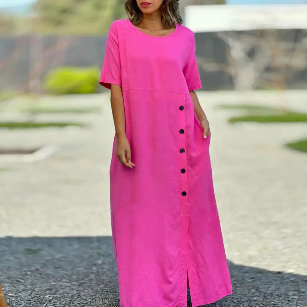 Elegant Slit Dress Round Neck Dress Soft Breathable Maxi Dress with O Neck Button Decor Ankle Length Split Women's Summer Daily
Elegant Slit Dress Round Neck Dress Soft Breathable Maxi Dress with O Neck Button Decor Ankle Length Split Women's Summer Daily