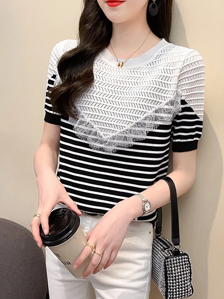 

GGRIGHT Summer Tops Women 2022 Short Sleeve Woman Tshirts Knitted Striped Dames Kleding Camisas De Mujer Haut Femme Elegant