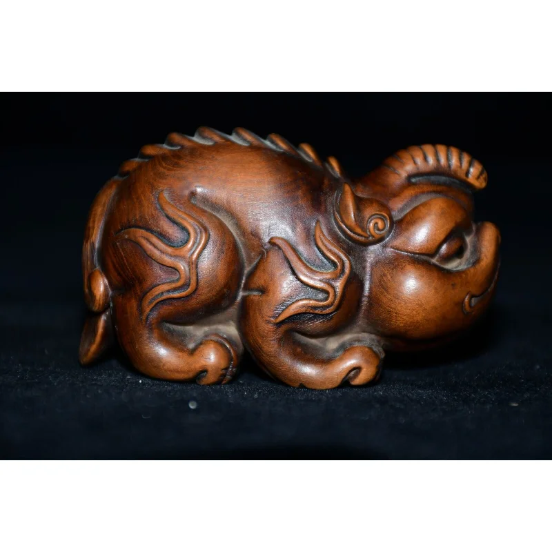 

3.1" Chinese Box-wood Carving Animal Pixiu Brave Troops Wealth Small Statue Craft Gift Decoration Home Decore