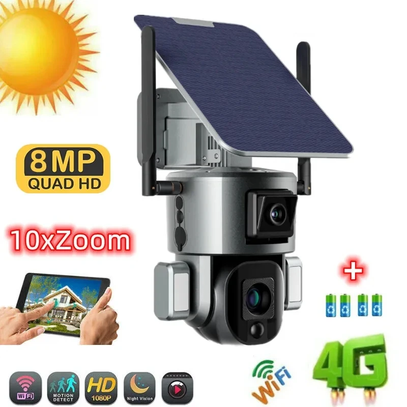 8MP 4G WIFI Solar Camera 10X Optical Zoom HD Dual Lens Monitor Wireless Humanoid Tracking 360 Degree PTZ Security Camera
8MP 4G WIFI Solar Camera 10X Optical Zoom HD Dual Lens Monitor Wireless Humanoid Tracking 360 Degree PTZ Security Camera