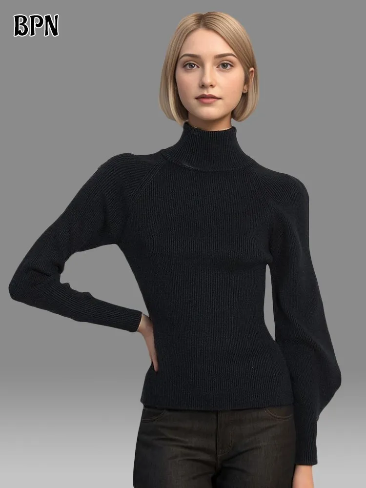 

BPN Casual Solid Pullover Sweater For Women Stand Collar Long Sleeve Minimalist Slimming Knitting Sweaters Female Clothing Style