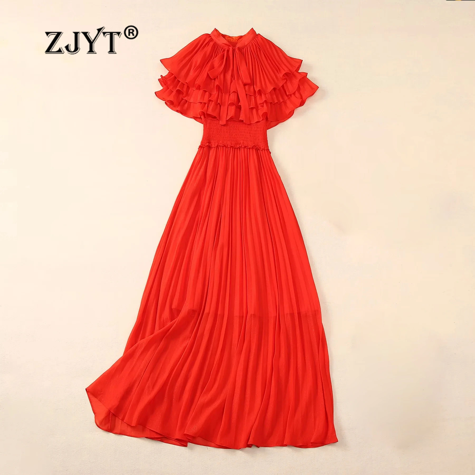 

ZJYT Cloak Sleeve Pleated Long Dresses for Women Elegant Ruffles Red Evening Party Dress Summer Runway Fashion Holiday Vestidos