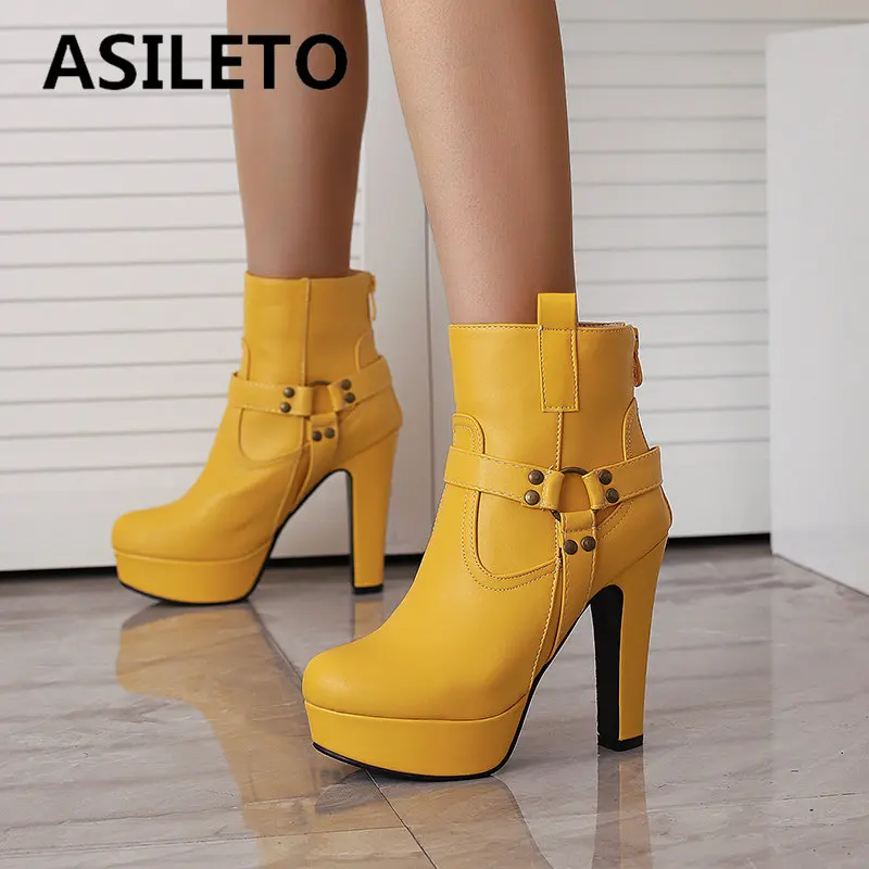 

ASILETO Female Ankle Boots Round Toe Chunky High Heels 12cm Platform Zipper Metal Decoration Large Size 48 49 50 Elegant Booty