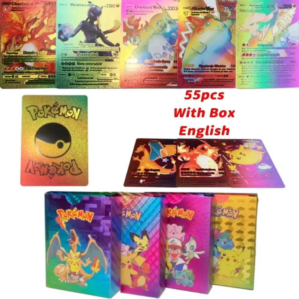 

55pcs Pokemon Colorful 3D Gold Foil Card Charizard Pikachu Arceus Rainbow English French Spanish VSTAR GX VMAX Collection Cards