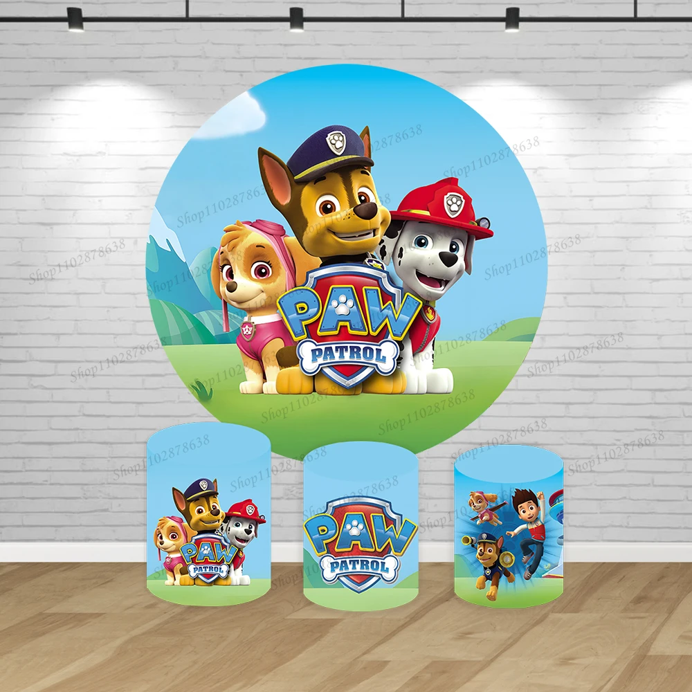 

Paw Patrol Chase Marshall Skye Party Backdrop Round Cover Kid 1st Birthday Background Baby Shower Circle Cylinder Banner Decor