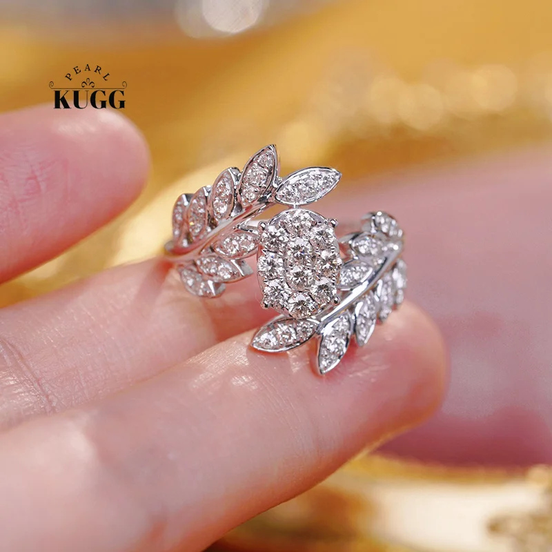 

KUGG 18K White Gold Rings Elegant Leaf Design 0.75carat Real Natural Diamond Engagement Ring for Women High Party Jewelry