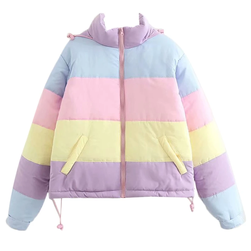 

2023 Winter Thicken Rainbow Contrast Women's Down Jacket Loose Padded Student Winter Coat Warm College Parka Female Leisure