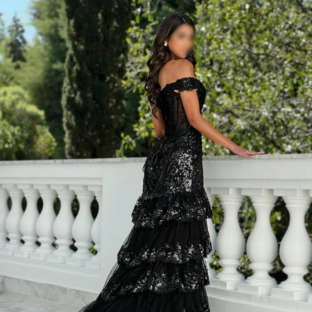 Sansa Customized Black Multi-Layered Off The Shoulder Party Dress Sequins Prom Dress Floor-Length A-line Evening Dresses 2025 9 S5d81bfd1002f47af8242047de0f6df37J