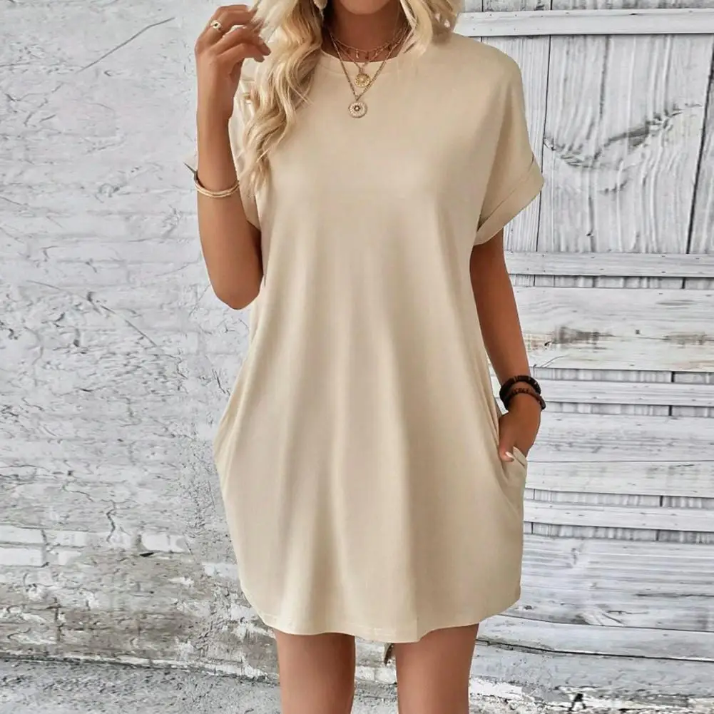 

Loose Fit Dress Stylish Summer Dresses with Side Pockets for Women Breathable Mini Dress for Wear Office Dating Crew Neck Short