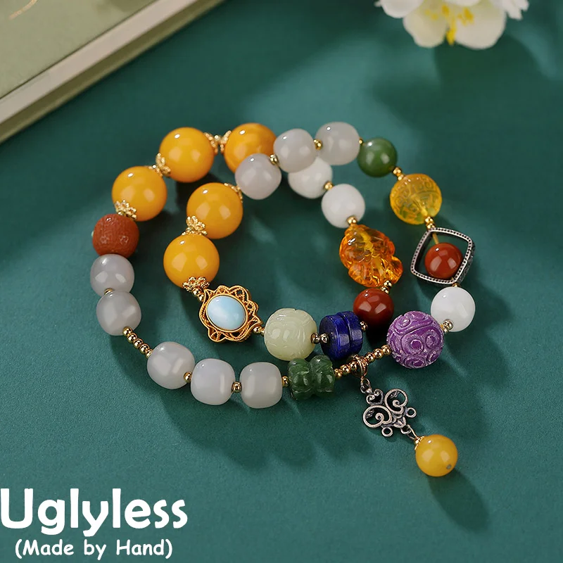 

Uglyless 2 Loops Luxury Multi Gemstones Bracelets Women Natural Amber Beeswax Jade Jasper Agate Turquoise Bracelets 925 Silver