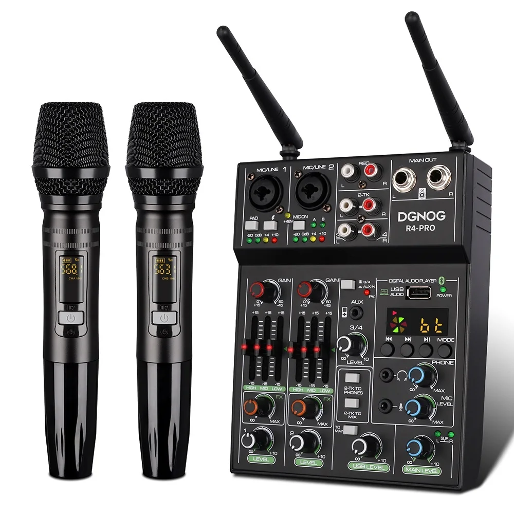 

New 4 Channel USB Audio Mixer with Wireless Microphone Studio Sound Mixers with Bluetooth REC DJ Console Mixing for Karaoke