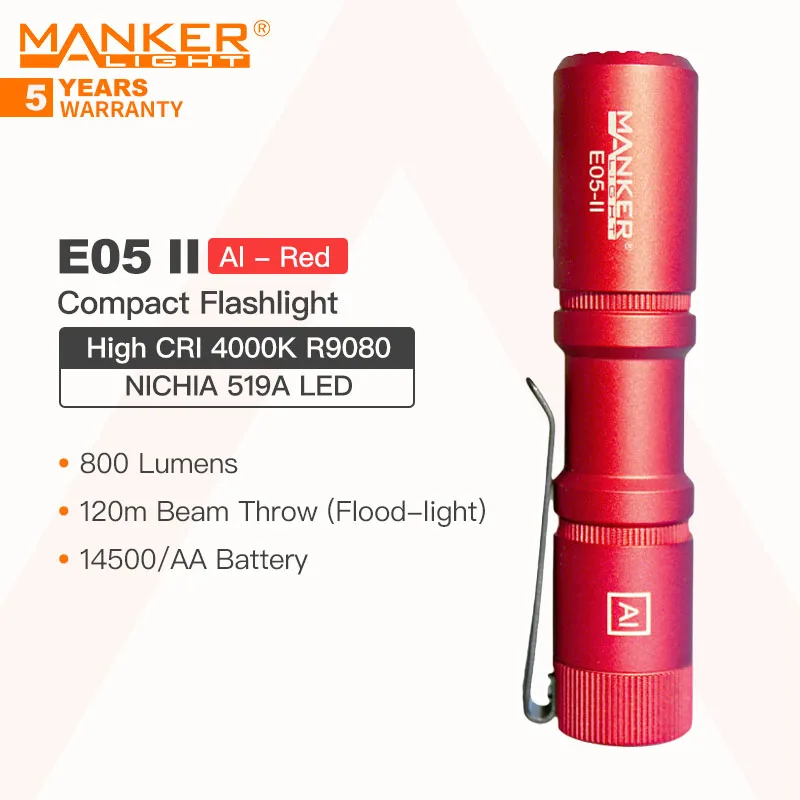 

Manker E05 II (Al-red, High CRI Version, 4000K R9080) Compact EDC Flashlight, NICHIA 519A LED 1300 Lumens, 14500 or AA Battery