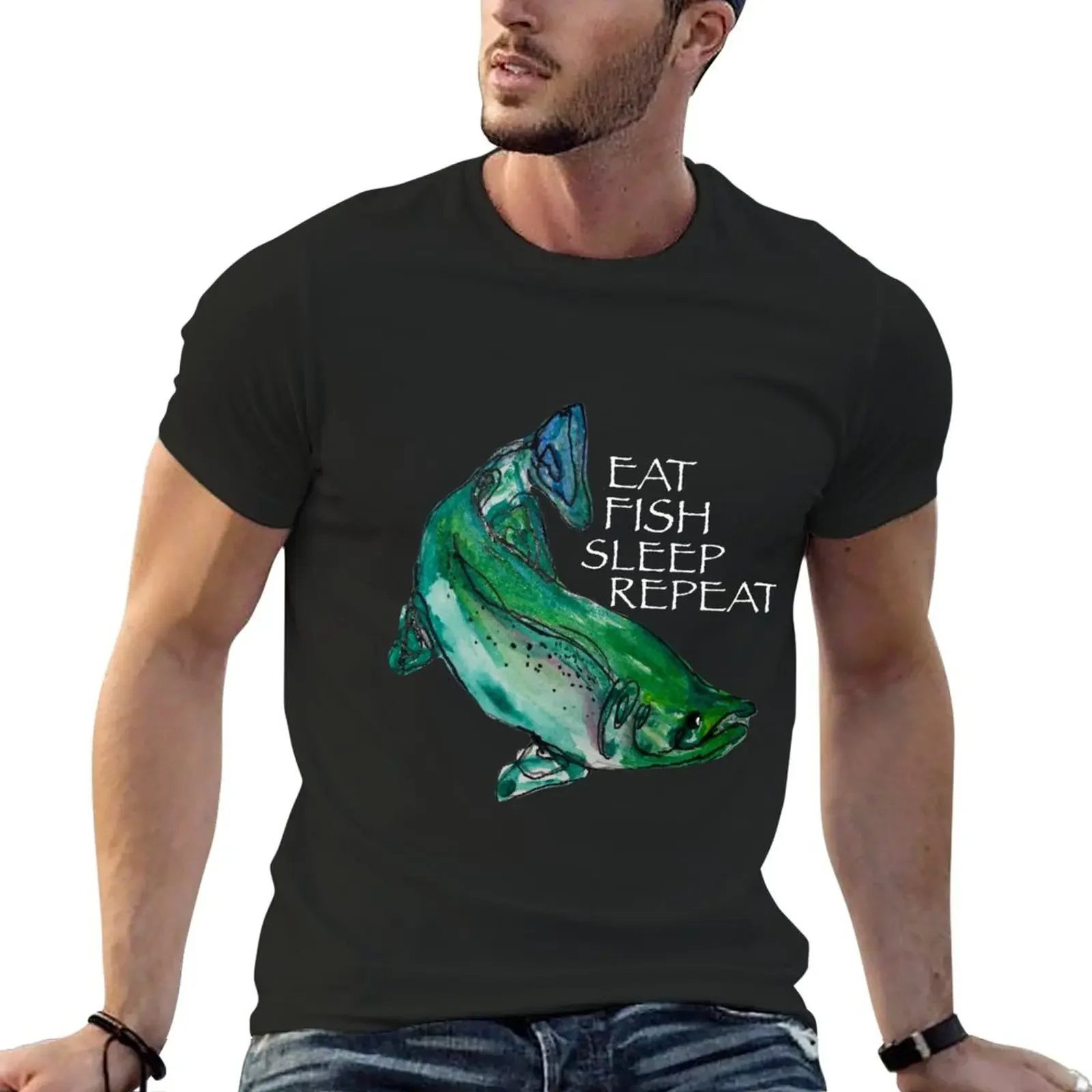 

Eat Fish Sleep Repeat (white words) T-Shirt oversizeds plus sizes t shirts for men pack