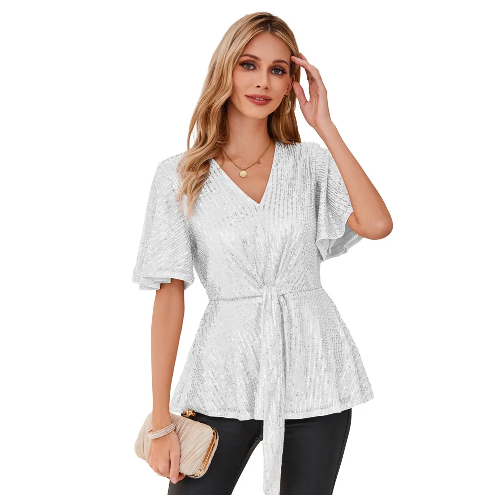 GK Women Sequined Party Tops Short Flounce Sleeve V-Neck Elastic Waist Tops Sparkly Glitter Blouse Party Night Outfits
GK Women Sequined Party Tops Short Flounce Sleeve V-Neck Elastic Waist Tops Sparkly Glitter Blouse Party Night Outfits