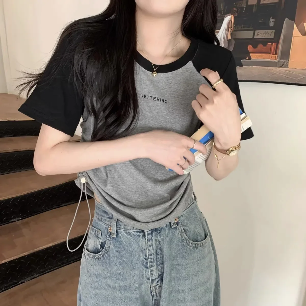 n-style retro shoulder short-sleeved T-shirt summer design feeling small print drawstring half-sleeved chic thin jacket gray22
n-style retro shoulder short-sleeved T-shirt summer design feeling small print drawstring half-sleeved chic thin jacket gray22