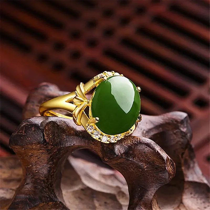 

Mencheese Copy 100% Vietnam Sand Gold Inlaid Hetian Jade Colorfast Ring Gold Inlaid with Jade Emerald Open Adjustable Gift Ring