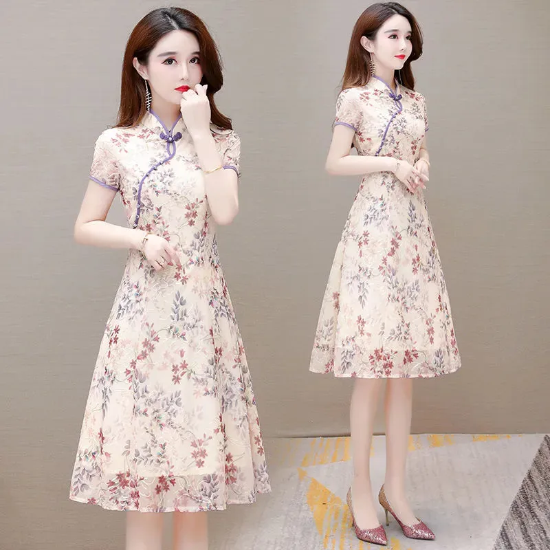 Spring Summer Mid-Long Cheongsam Women's Short Sleeves Tops Printed A-Line Skirt Fashion Vestidos Purple Green Dress Female
Spring Summer Mid-Long Cheongsam Women's Short Sleeves Tops Printed A-Line Skirt Fashion Vestidos Purple Green Dress Female
