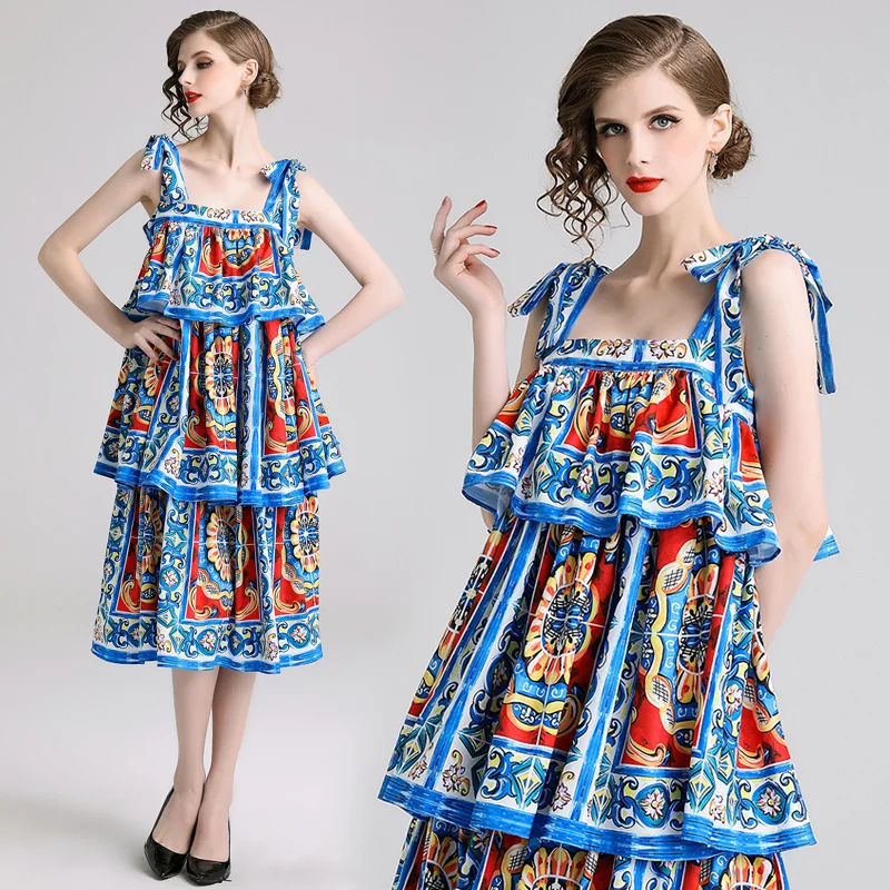 Fashion Runway Summer Dress 2022 Spaghetti Straps Sexy Slash Neck Sundress Women Blue And White Porcelain Layers Ruffles Robe
Fashion Runway Summer Dress 2022 Spaghetti Straps Sexy Slash Neck Sundress Women Blue And White Porcelain Layers Ruffles Robe