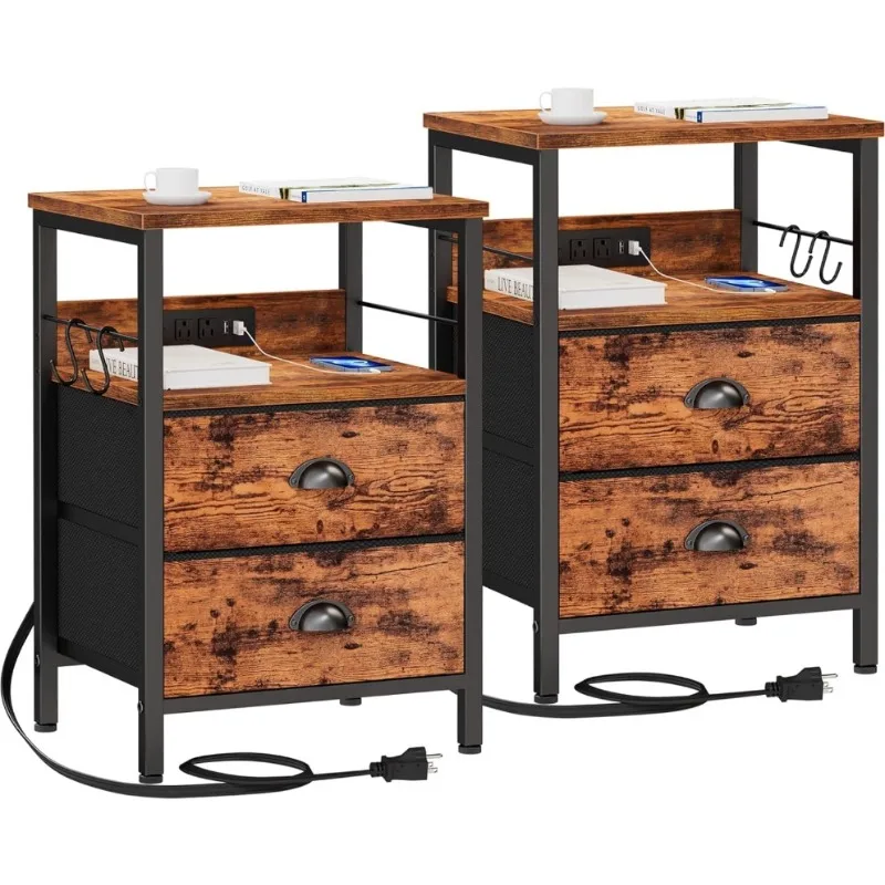 

End Table with Charging Station,Side Tables with USB Ports & Outlets, Night Stand with Storage Shelf & Hooks,Nightstand Set of 2