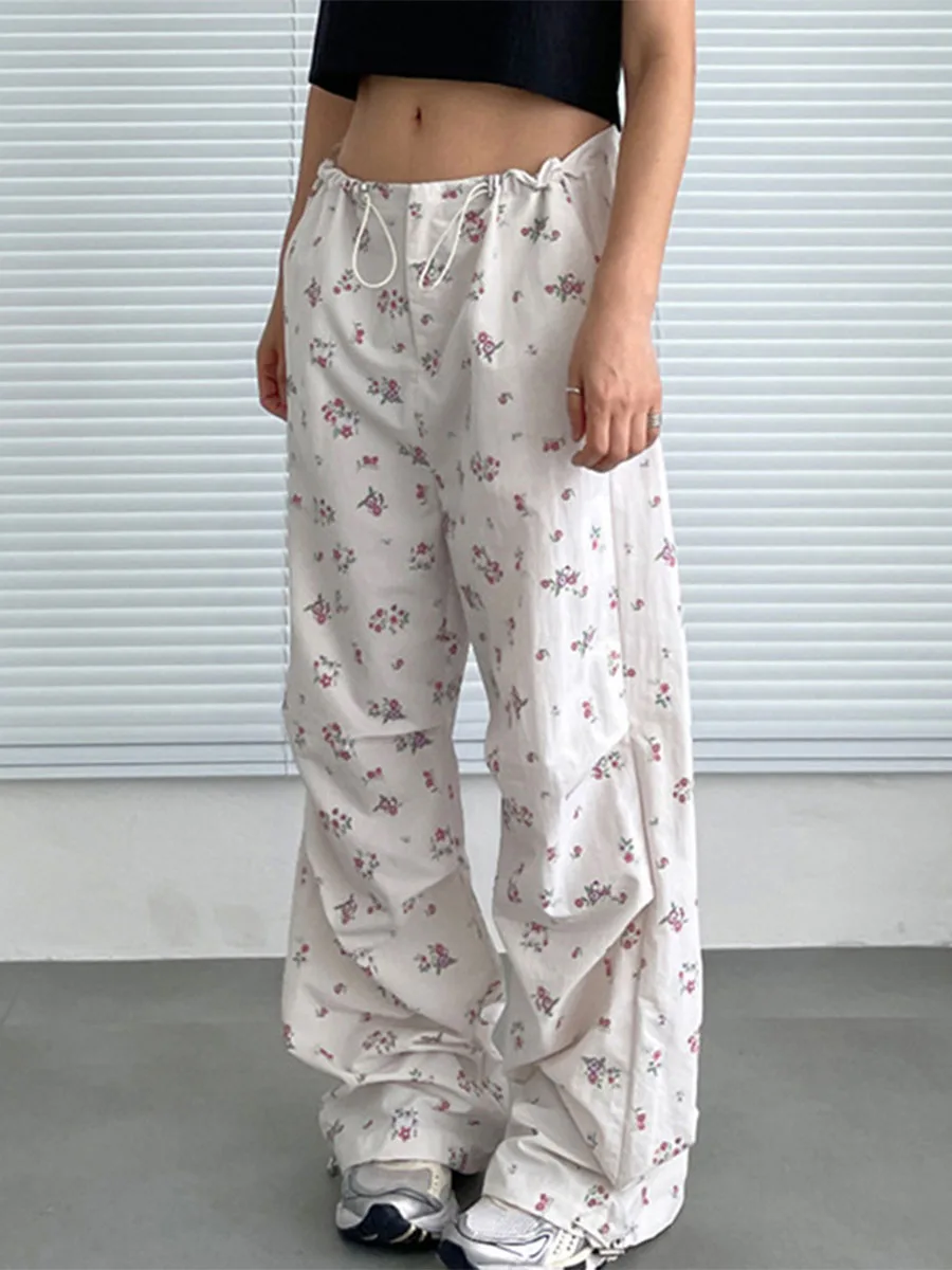 

YHLZBNH Women Low Waist Baggy Casual Pants Drawstring Floral Ruched Aesthetic Straight Jogger Trousers Streetwear