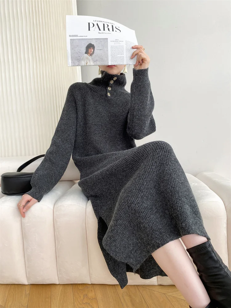 Female Fashion Button Turtleneck Knitted Long Dress Thicken Casual Sweater Dresses for Women Winter Clothes Vestidos De Mujer
Female Fashion Button Turtleneck Knitted Long Dress Thicken Casual Sweater Dresses for Women Winter Clothes Vestidos De Mujer