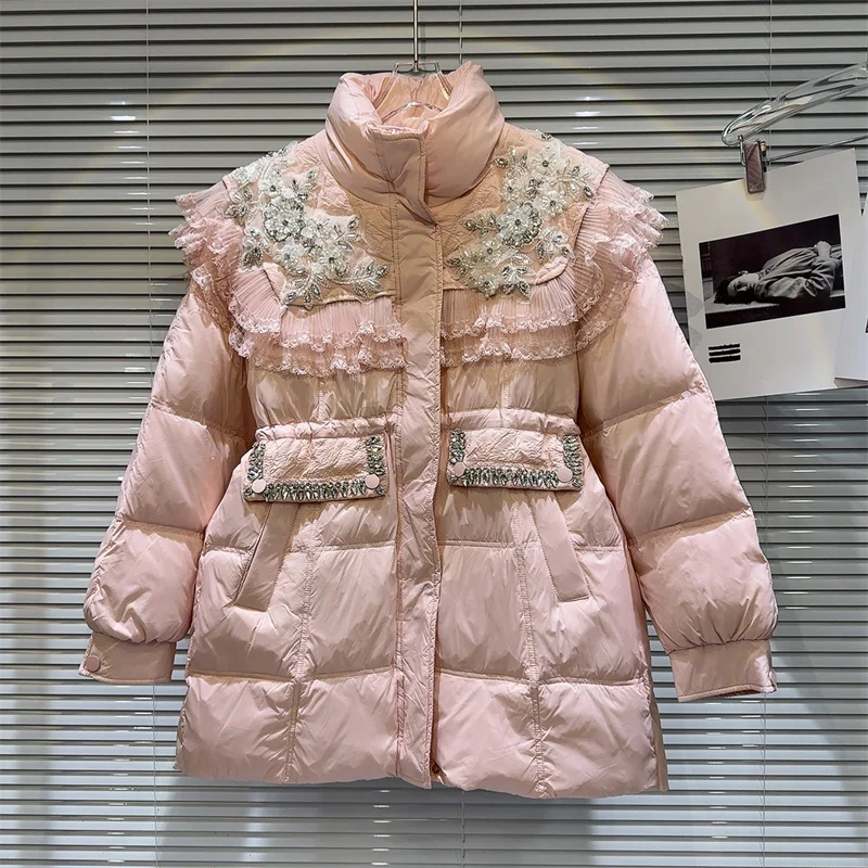 Beaded Flower Lace Stitching Down Coat Casual Stand Collar Long Sleeve Pink Yellow Black Beige White Duck Down Warm Parkas Coat
Beaded Flower Lace Stitching Down Coat Casual Stand Collar Long Sleeve Pink Yellow Black Beige White Duck Down Warm Parkas Coat